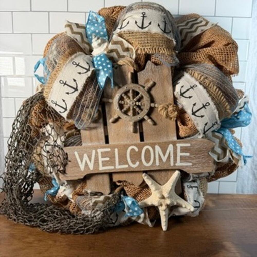 Nautical Burlap Mesh Front Door Wreath Welcome Sign Starfish 18"